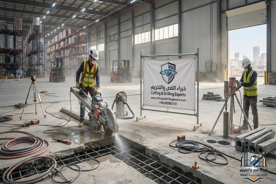 قص خرسانة للمستودعات جدة باستخدام أحدث معدات القص الماسي لتنفيذ قص الخرسانة المسلحة وفتح الكور للمستودعات والمخازن بدقة عالية وبدون تكسير
